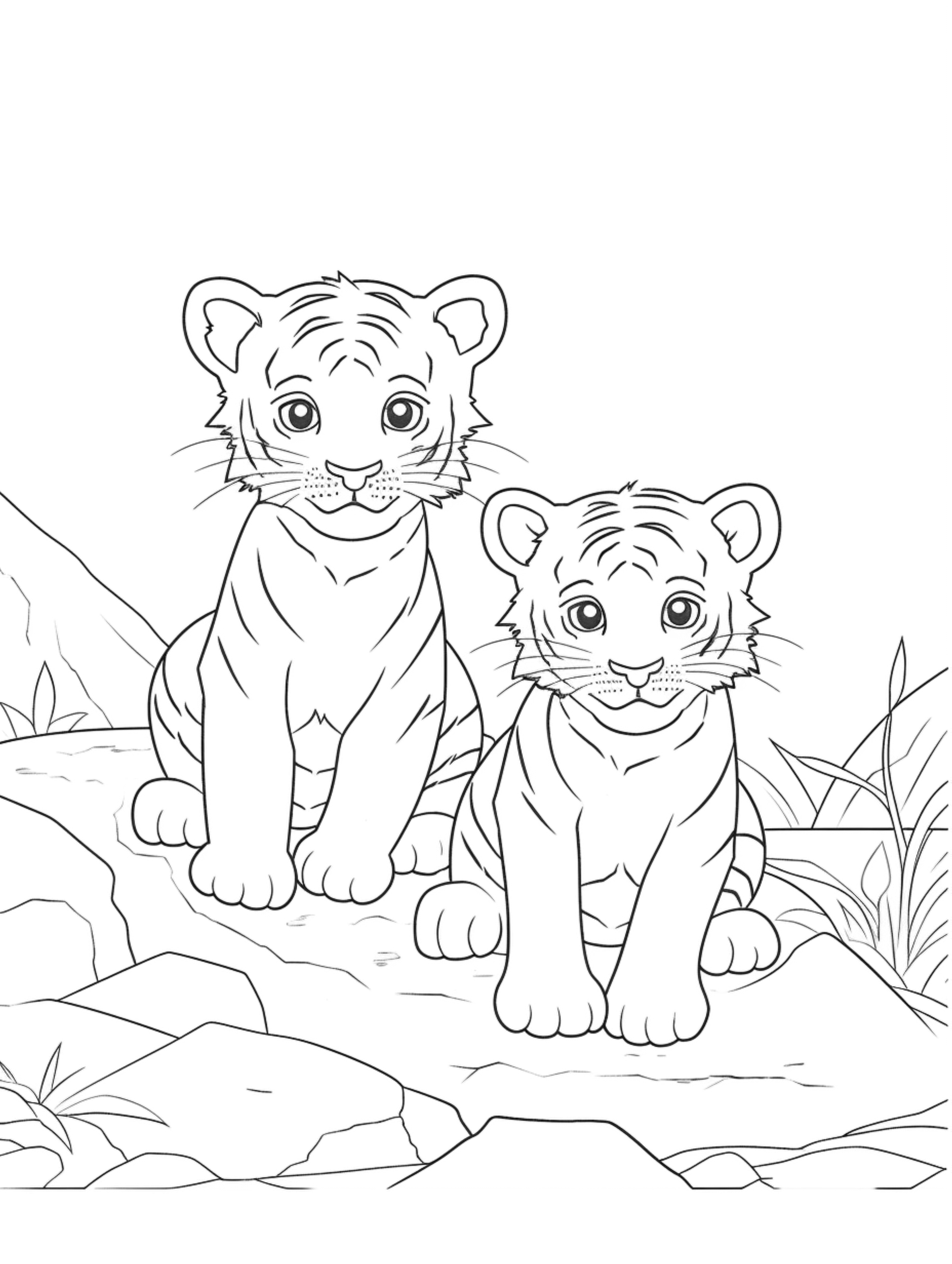 01 cute baby tigers in its habitat coloring page for