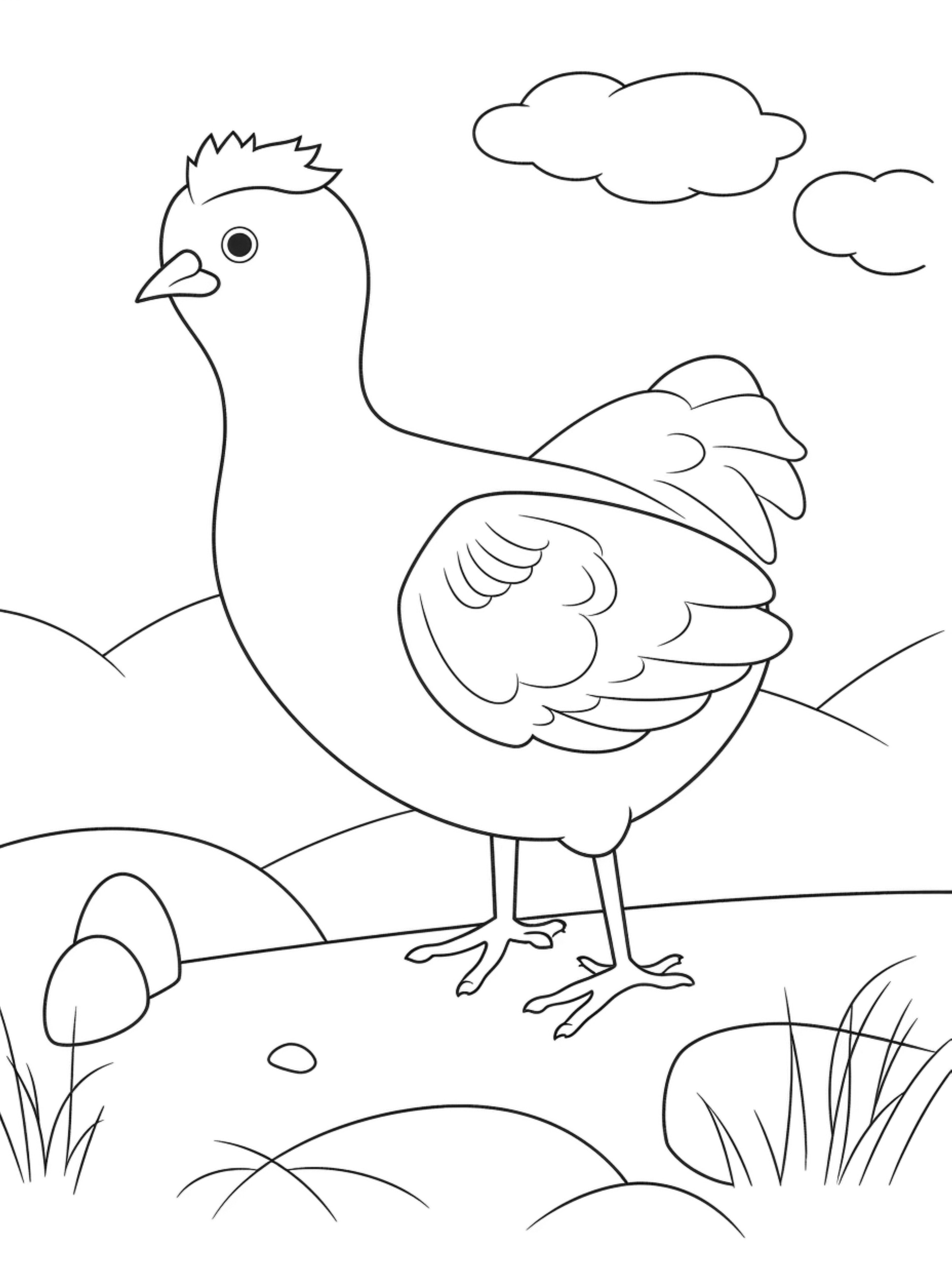 01 cute chicken in its habitat coloring page for kid