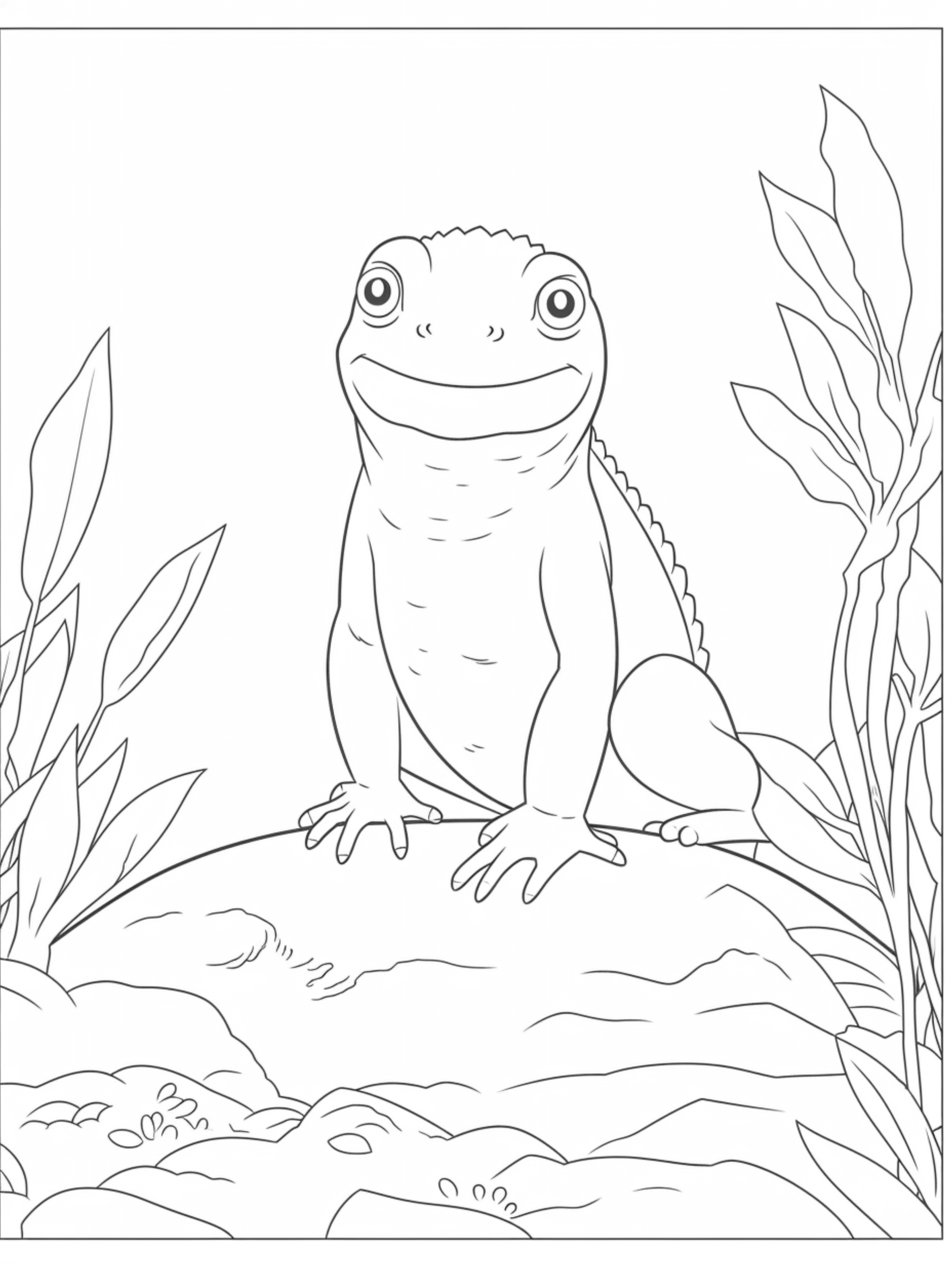 01 cute iguana in its habitat coloring page for kids