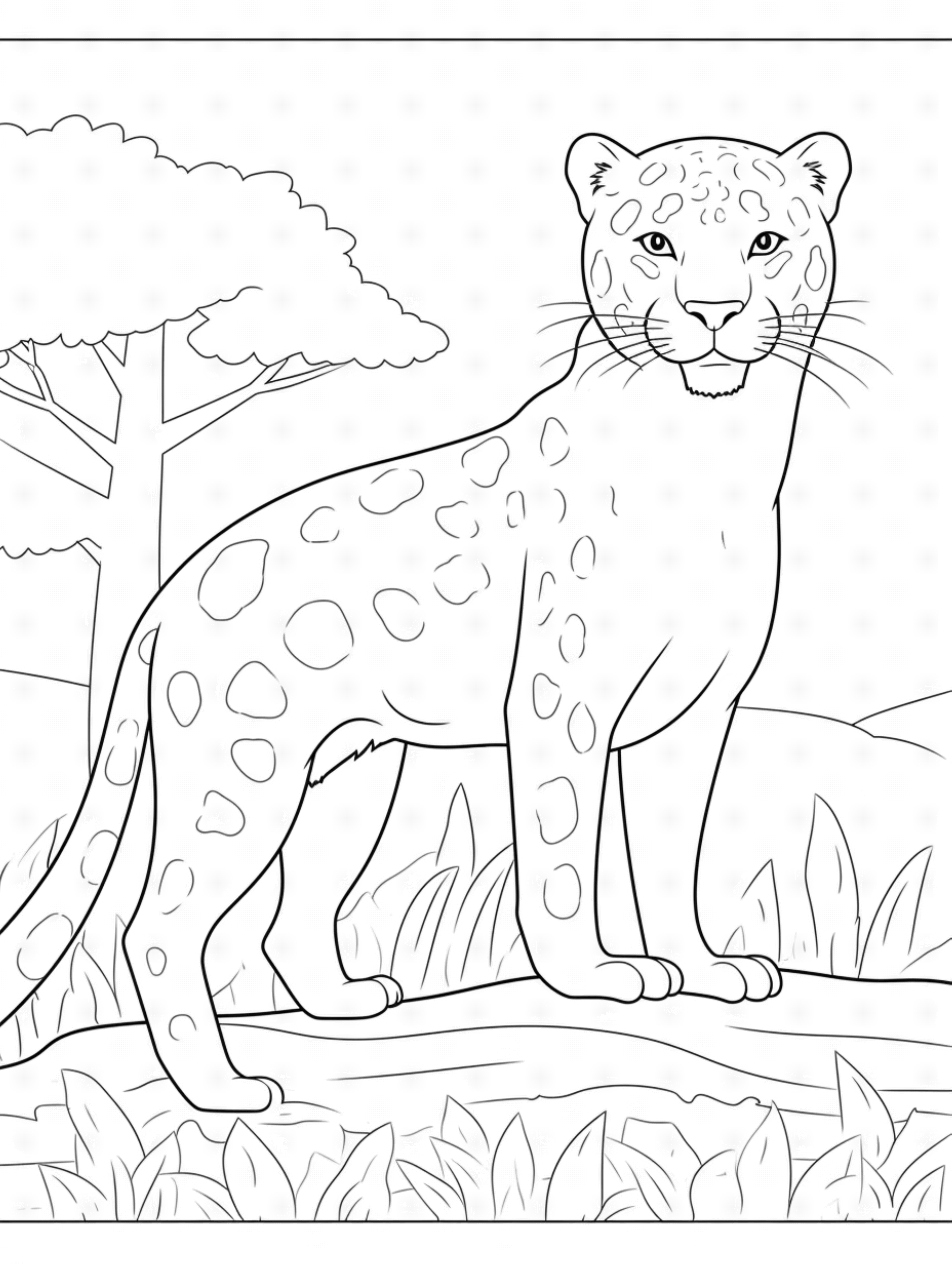 01 cute jaguar in its habitat coloring page for kids