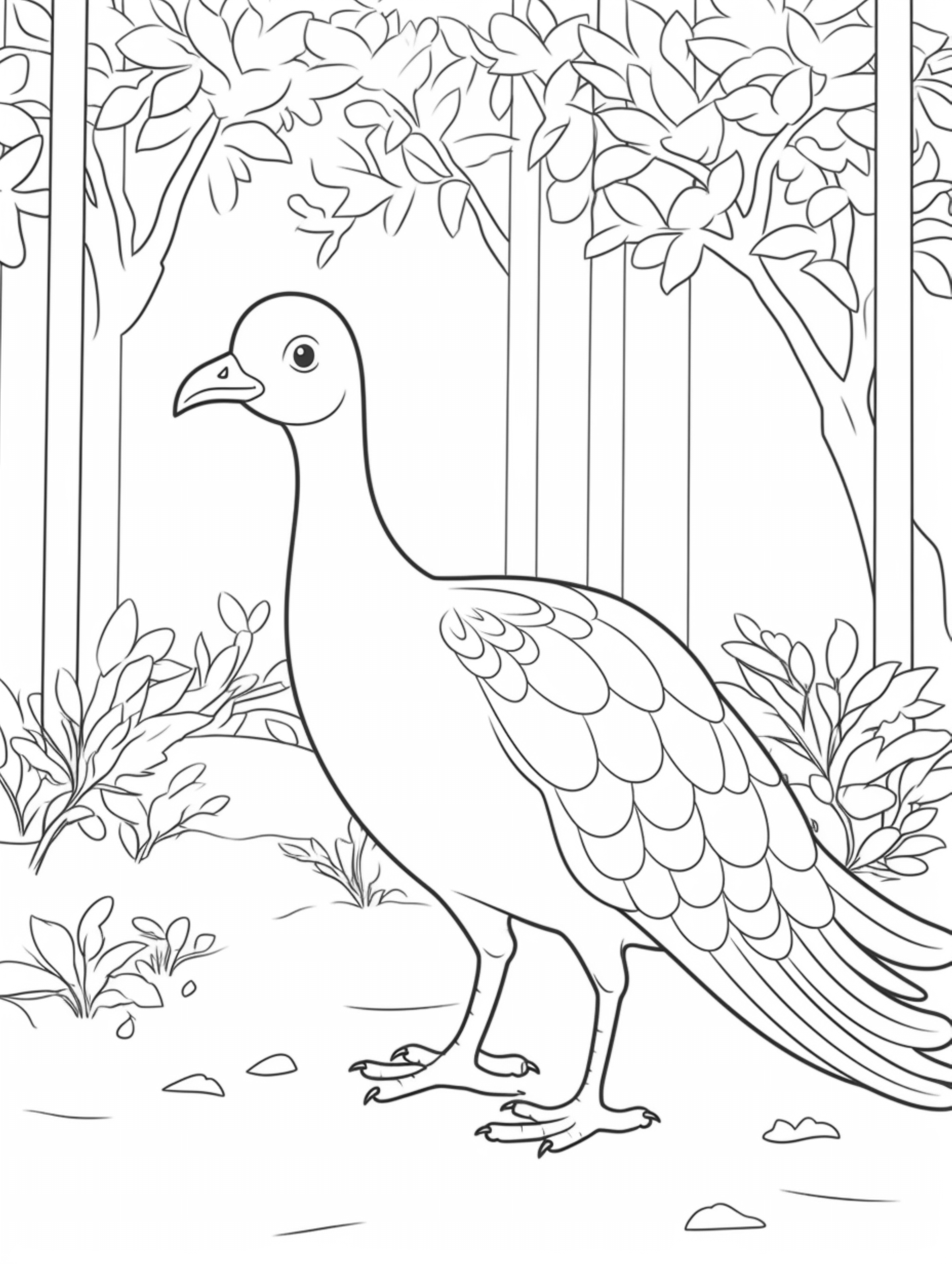 01 cute peacock in its habitat coloring page for kid