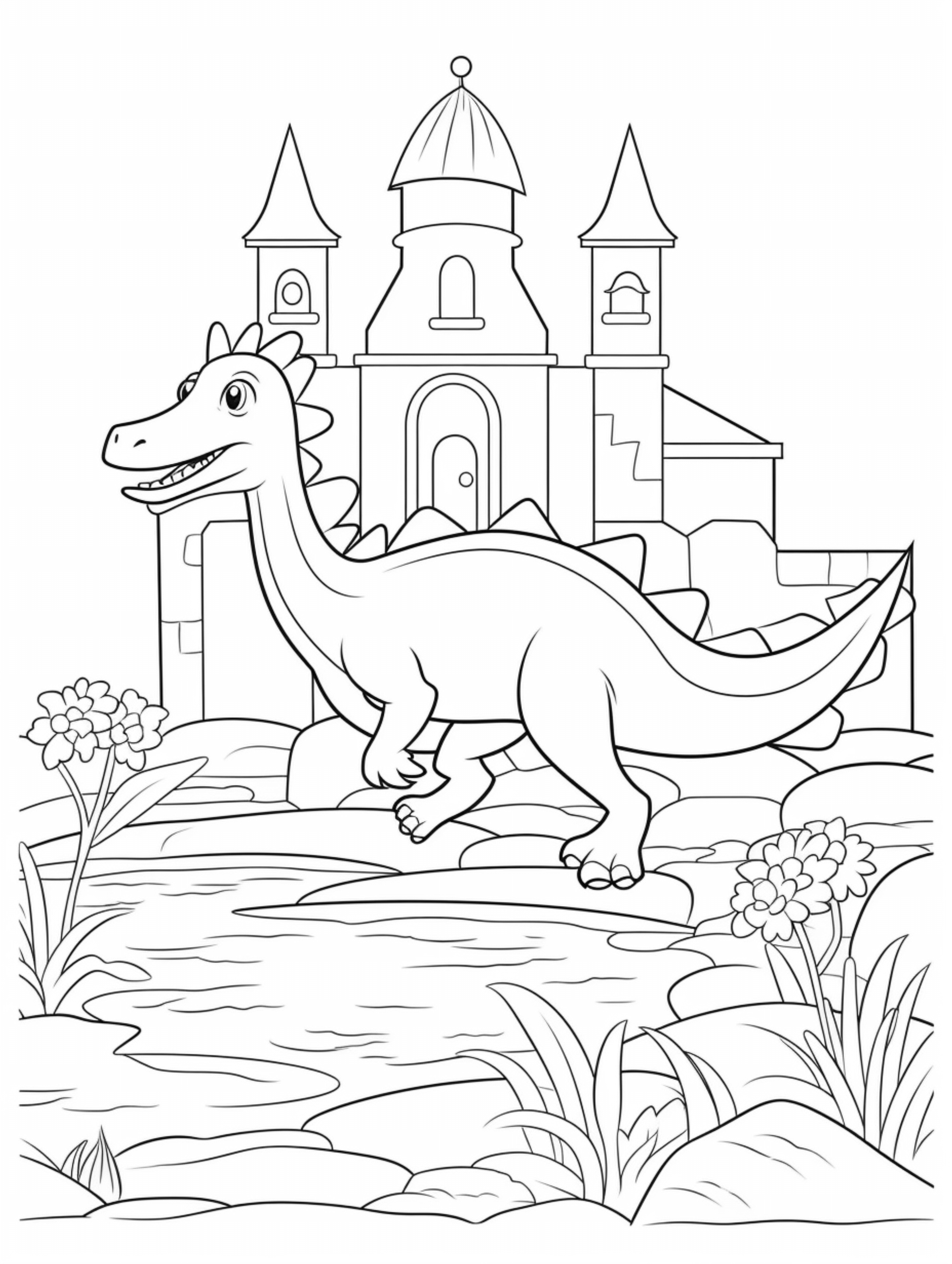 01 cute spinosaurus in its habitat coloring page for