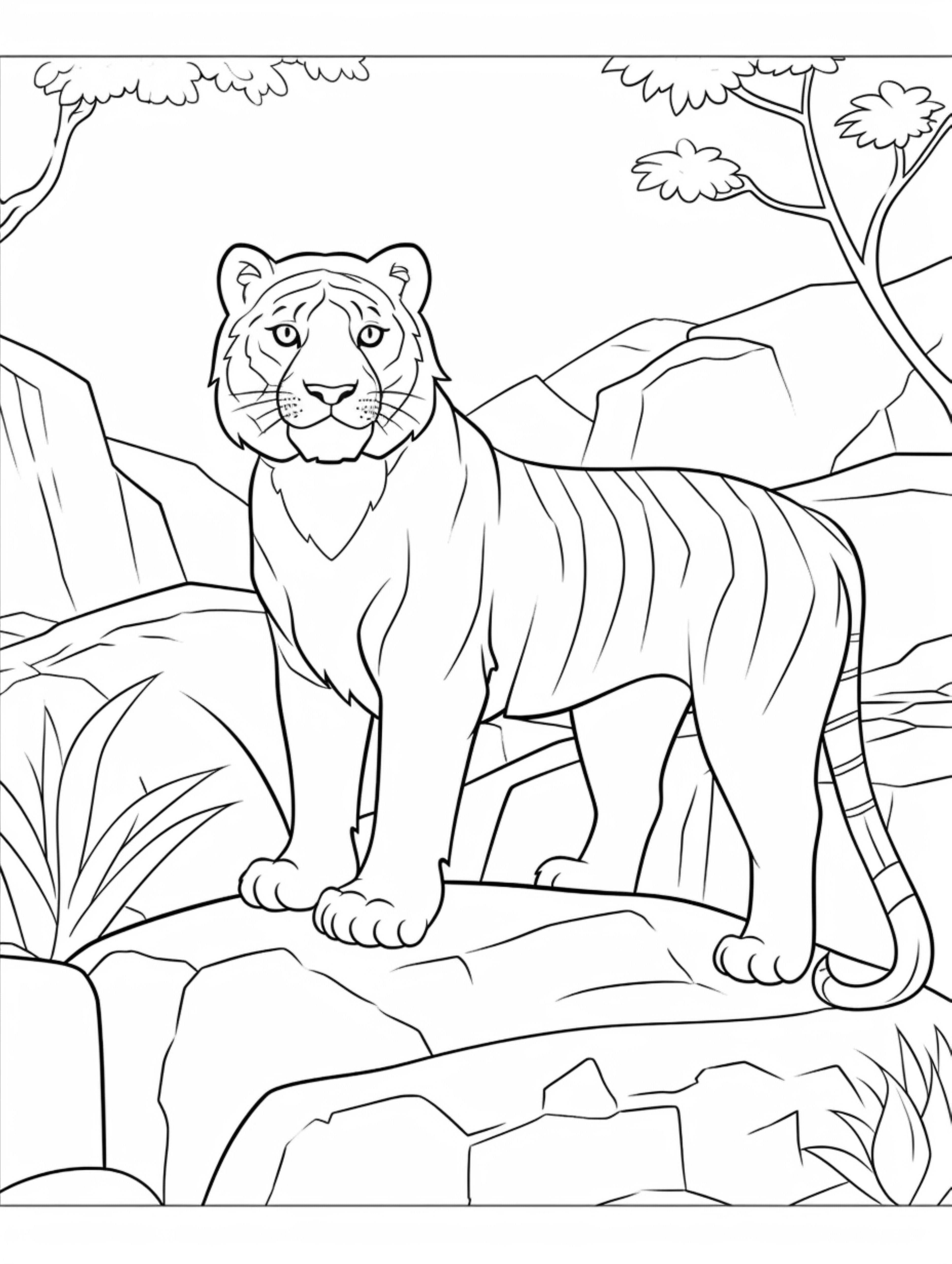 01 cute white tiger in its habitat coloring page for