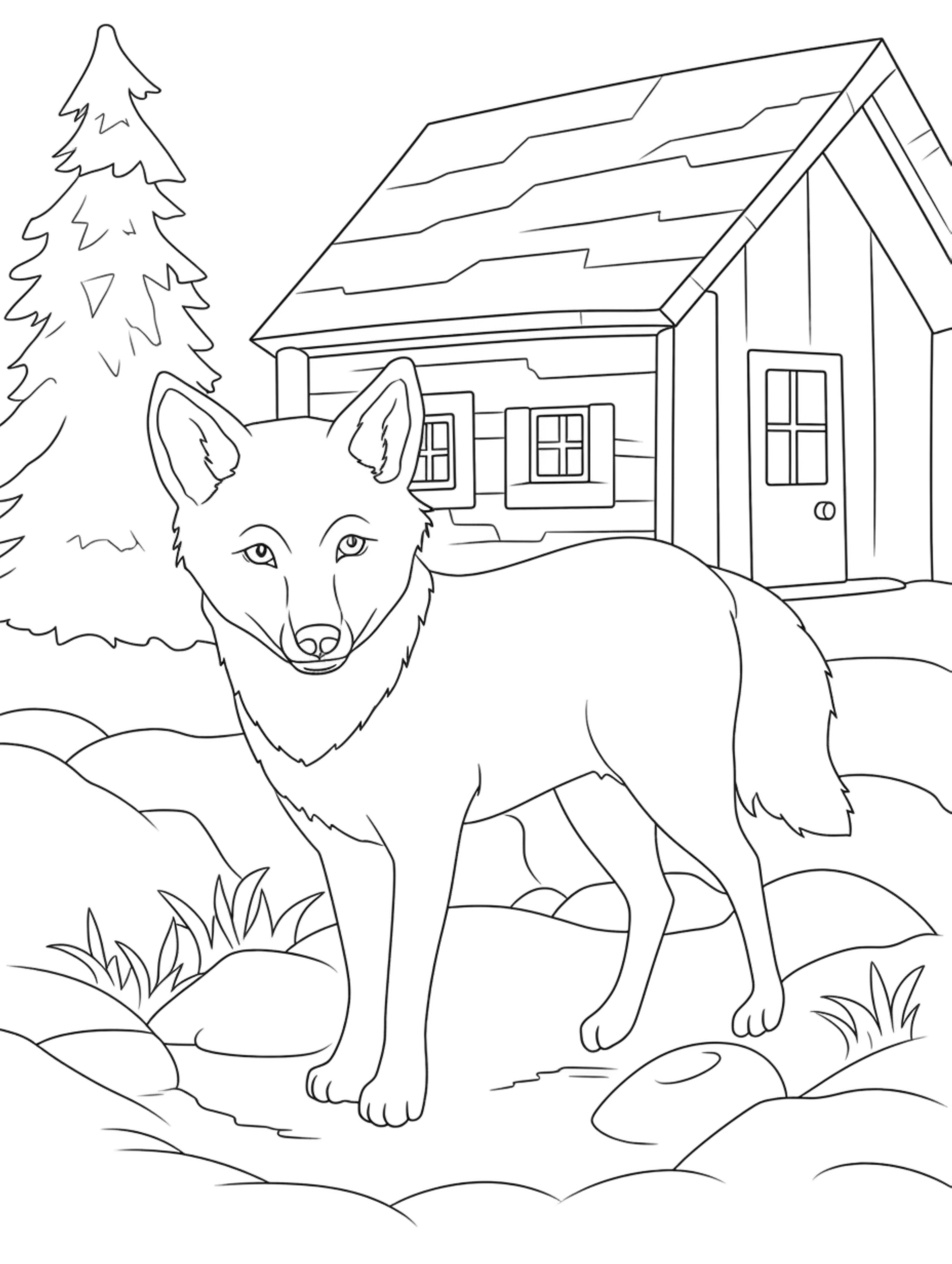 01 cute wolf in its habitat coloring page for kids c